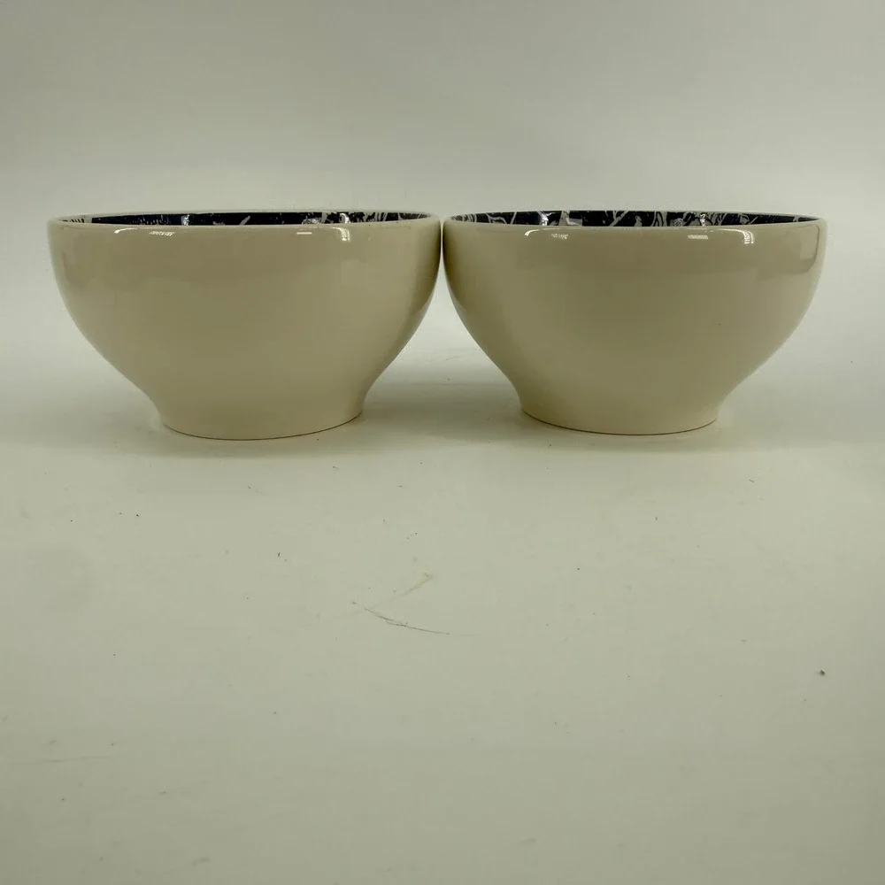 Pier 1 Batik Cereal Bowls Set of 2 Cream Navy Blue Floral Earthenware Brazil